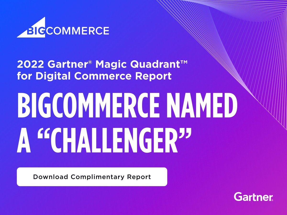 BigCommerce's tweet photo. We did it again! 

@Gartner_inc named BigCommerce a Magic Quadrant “Challenger” for the third consecutive year. 

Download the complimentary report now: https://t.co/6rEAjSoJ4Q https://t.co/7apSmMe5LB