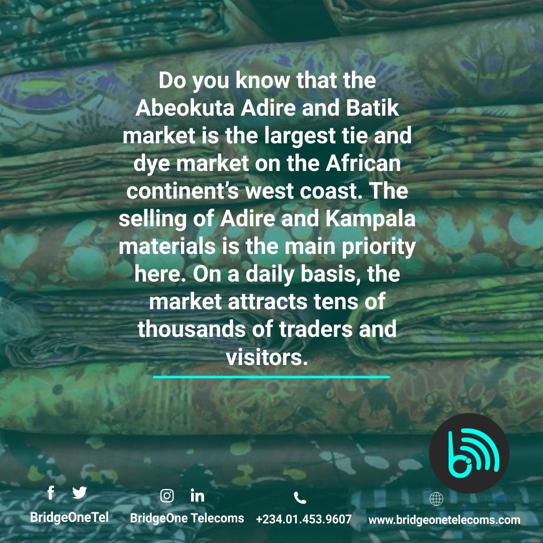 BridgeOneTel's tweet photo. Largest tie and dye market on the Africa continent's west coast.
#BridgeOneTelecoms #abeokutabusiness #ISPNigeria #abeokuta #ispogun #ispabeokuta #dedicatedinternet #abeokutavendors #ISPinabeokuta #isplagos #tiedye #tiedyefashion https://t.co/r34yBPiOlI