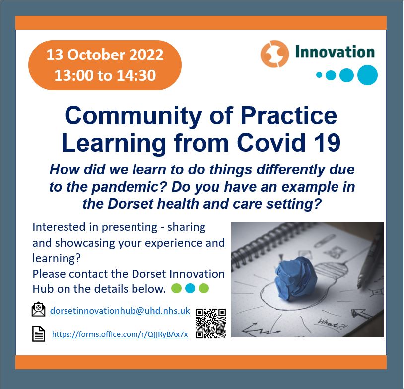 ChessellSarah's tweet photo. 🤔How did we learn 2 do things differently due to CV19? Do U have an example in a #Dorset health &amp; care setting? Willing to present &amp; share your experience &amp; learning at #DorsetInnovationHub community of practice event 13 Oct?
Contact us – via QR code👇- we’d love 2 hear from U! https://t.co/RyNojAeInt