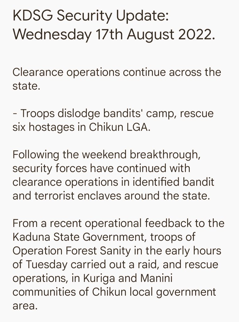 KDSG_MISHA's tweet photo. KDSG Security Update: Wednesday 17th August 2022. 

Clearance operations continue across the state. 

- Troops dislodge bandits' camp, rescue six hostages in Chikun LGA. https://t.co/UbRkwjAOdI
