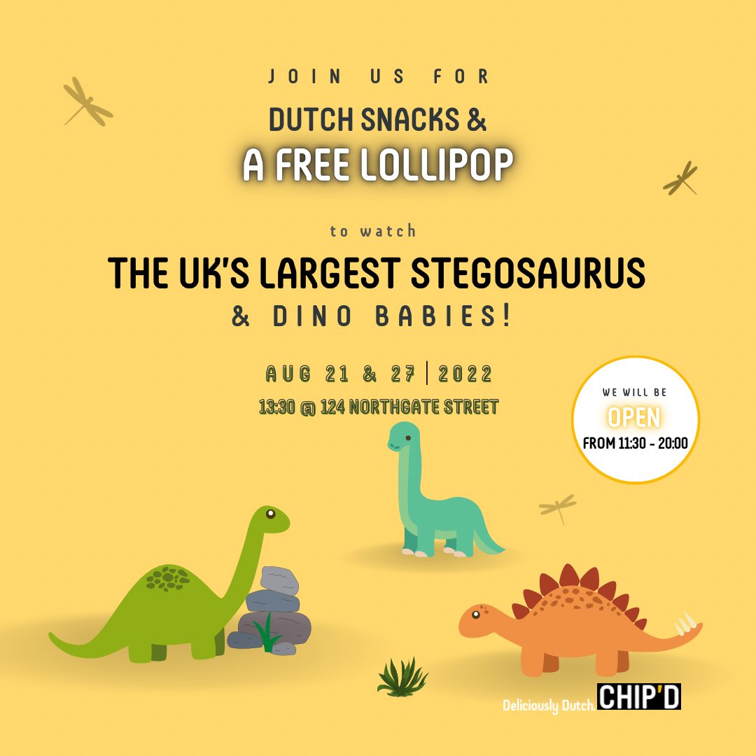 ChipFlipDip's tweet photo. THIS SUNDAY‼️
Chester will be overrun by creatures of the distant past🦖
Nab the best seat on Northgate St to watch the parade @ 1:30, whilst resting yours &amp; the kids feet!
With Kids Meal Boxes, Vegan &amp; GF Options - Where else is better to take refuge from Dinosaurs than #CHIPD😋 https://t.co/aOVMxWmNmK