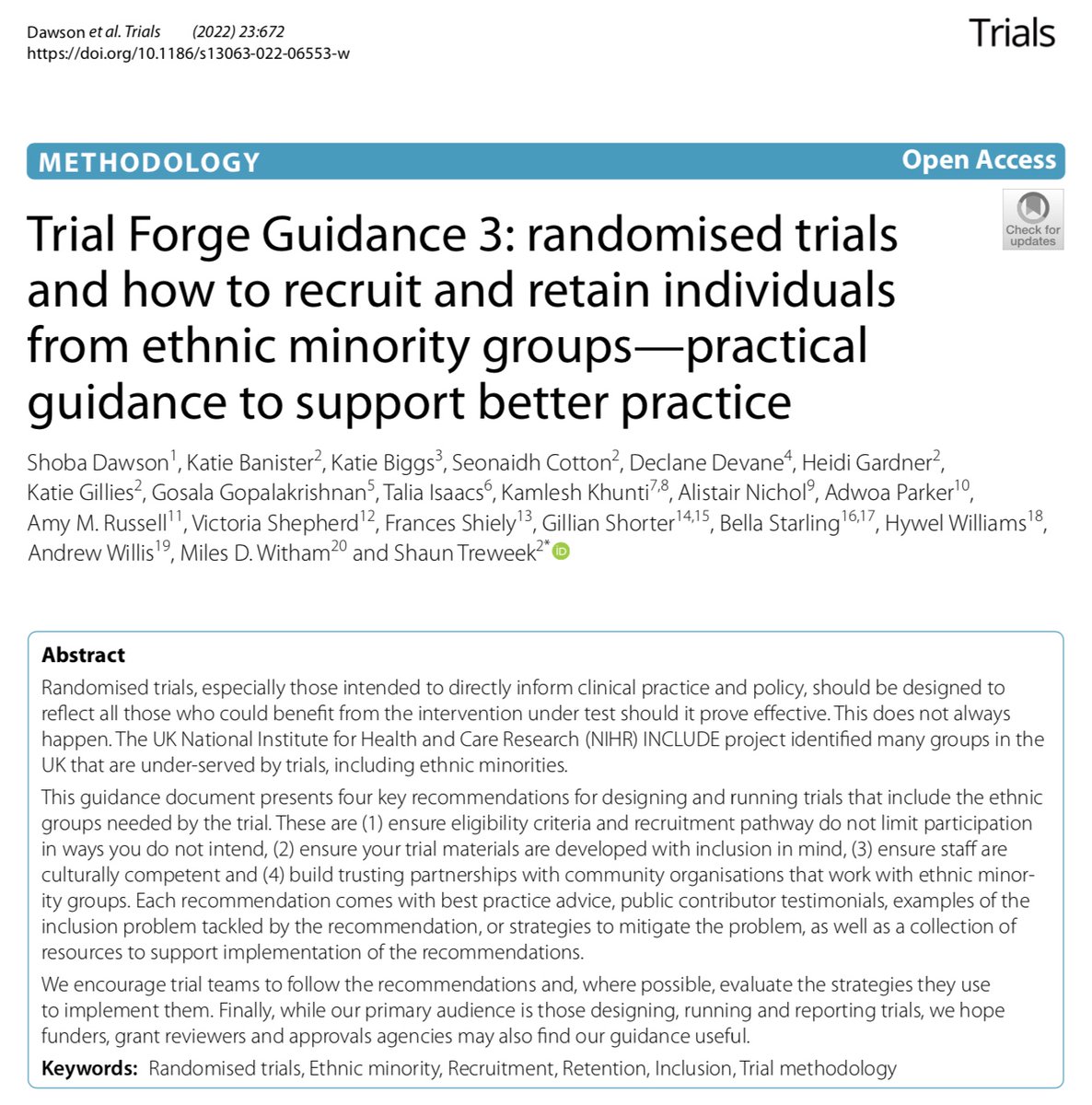 Trial Forge Guidance 3 just out: practical support on recruiting and retaining ethnic minority individuals to randomised trials 

trialsjournal.biomedcentral.com/articles/10.11…