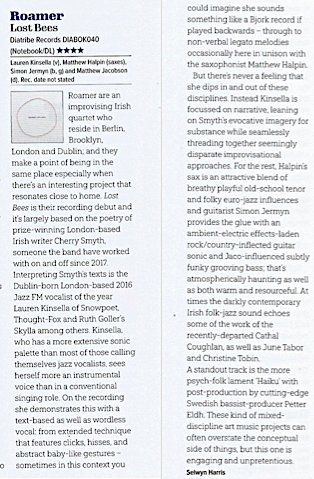 _mattjacobson's tweet photo. Great review for #Roamer album #LostBees in @jazzwise
Shout-out for #PetterEldh's post-production on "standout track" Haiku
https://t.co/XMjU4AIU93 (£)
Available from https://t.co/DjsNTN6Upa
@DiatribeRecords @dcu_jazz @SelwynHarris
#albumreview #irishjazz #improvisation #music https://t.co/otHOUMcTwL