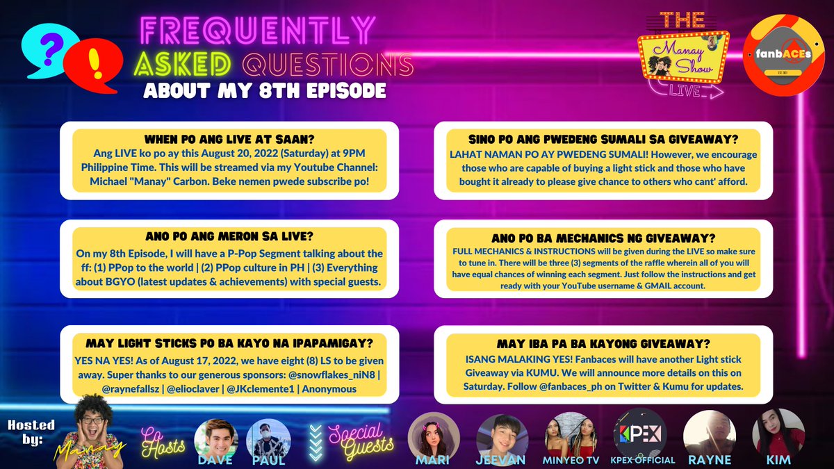 michaelcarbon's tweet photo. Hello, ACEs! READ ON some of the Frequently-asked questions for #TheManayShowLIVE Episode 8 this Saturday!
Mechanics will be announced via LIVE! You just have to tune in CAREFULLY & FOLLOW instructions!
Turn NOTIF ON here: https://t.co/9SCQg8QK7s
#TMSLEp8 #BGYO @bgyo_ph https://t.co/MKySo8182B