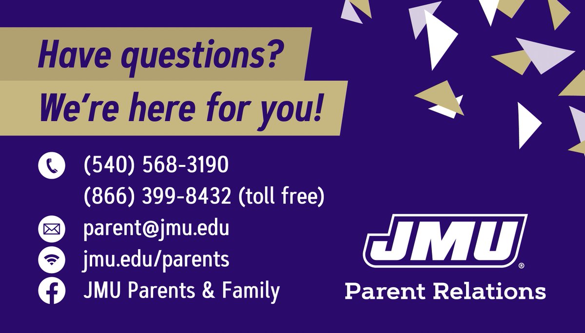 As you prepare to drop off your Duke for fall semester, remember that JMU Parent Relations is always here to help! Save this contact info…when questions arise, you’ll know who to call!