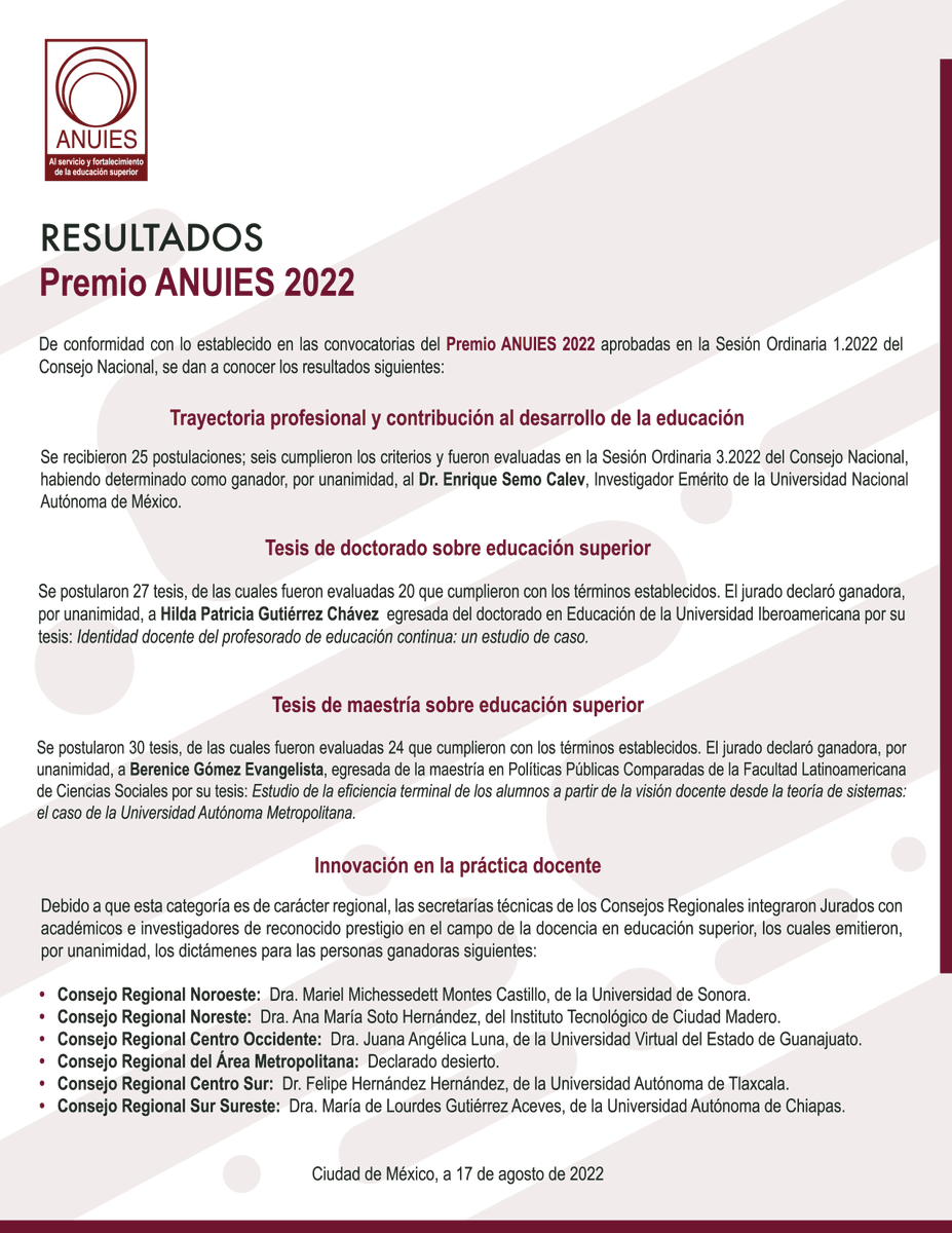 ANUIES's tweet image. ¡Muchas felicidades a los ganadores del #PremioANUIES 2022! 🏆