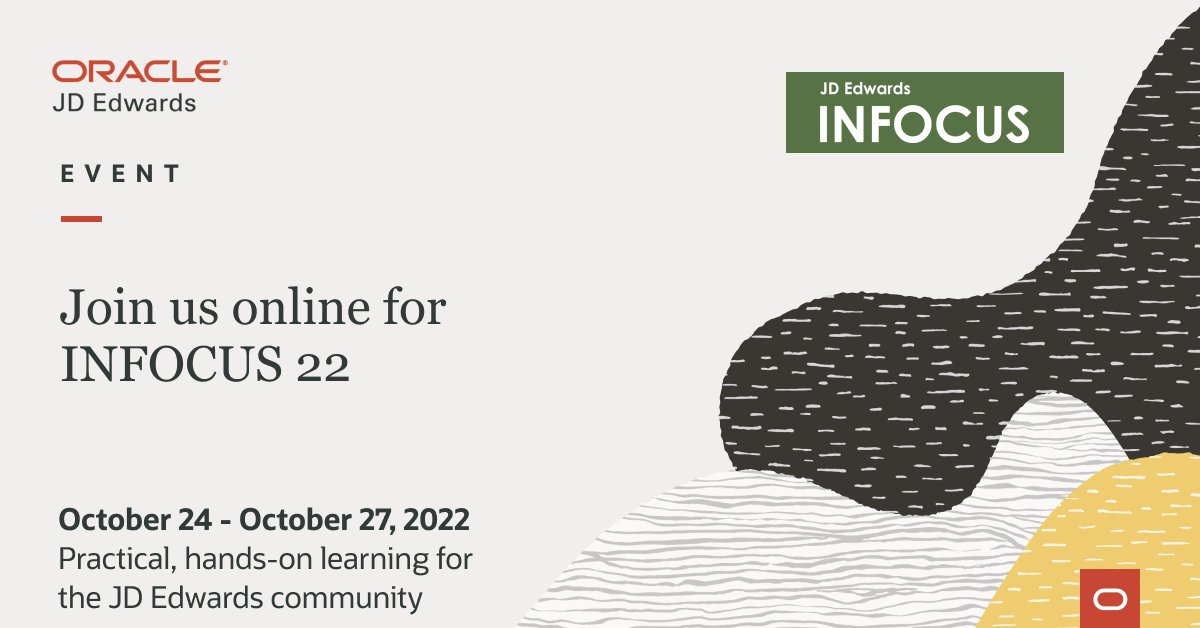 Houty11's tweet photo. Explore @OracleJDEdwards education, hot topics and key tracks at #INFOCUS22 this year. Join us online from October 24 β 27 for four days of panel discussions, roundtables, case studies, live demos and more, @QuestUserGroup https://t.co/PnlWH6mlgn https://t.co/eB6wN8ZiYo