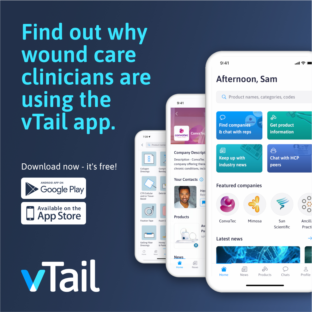 Join the medical community on vTail, the new free app that gives wound care professionals the tools, information, and support they need, all in one place.
#woundcare #mobileapp