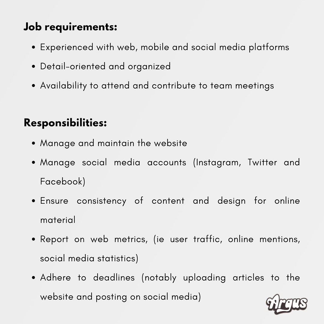 TheArgusNews's tweet photo. We’re gearing up for a new year at the Argus, but we need your help! We’re hiring a Multimedia Editor 📸

 See post for job description and e-mail theargus@lusu.ca to apply! 💻 https://t.co/q7lf37uY3r
