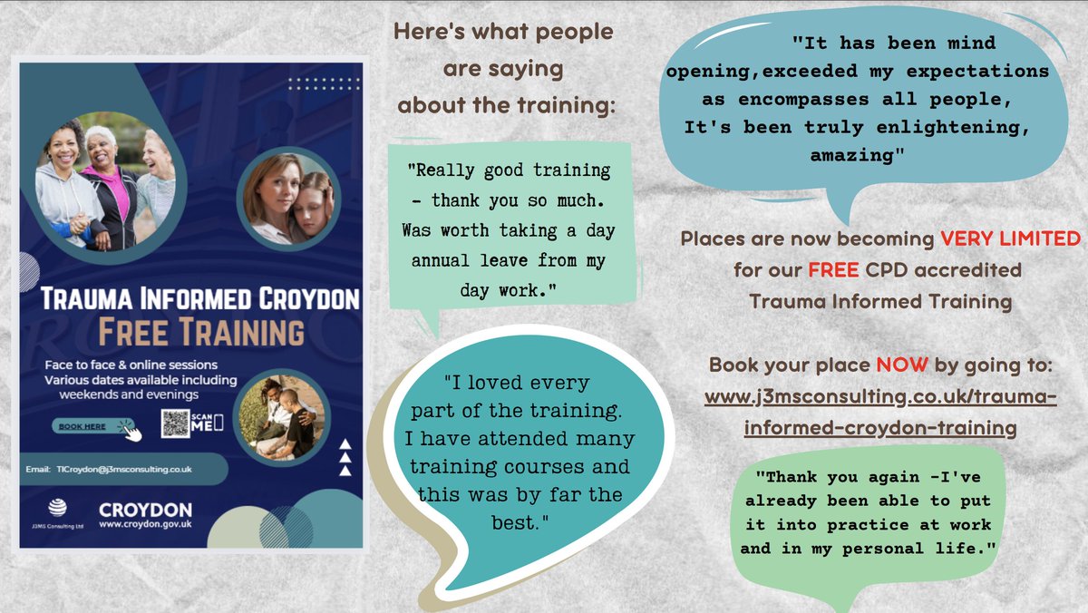 CroydonNbrhoods's tweet photo. Trauma-Informed Croydon training https://t.co/2BSKhgy5ec via @aware_ace @TraumaInformed5  

Amazing feedback from those who have attended this free CPD accredited course

Don't miss out by booking your place NOW https://t.co/tRw1eejSuk