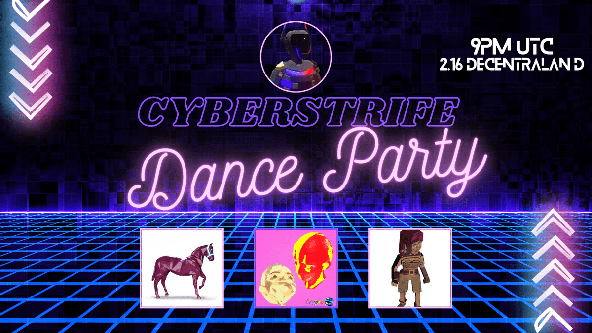 MetaPartyDCL's tweet photo. CS Drop 4 General Sale begins at 9pm UTC, to celebrate we are hosting a dance party within DCL (2,16) 🚀

Have a chance at winning a ZedRun NFT, Sandbox Asset NFT &amp; DCL Mythic wearable. Post a pic at the event to twitter w/ #CSDrop4Party

More Info👇
https://t.co/DZ63c4odJK https://t.co/teaUvyO7NC