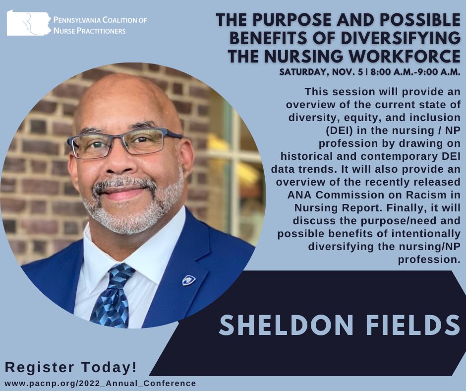 Check out this session highlight, 'The Purpose and Possible Benefits of Diversifying the Nursing Workforce' by @SheldonDFields. Don't miss out on great sessions like this one at this year's meeting - review the full conference agenda & register today! bit.ly/3OykDQ8
