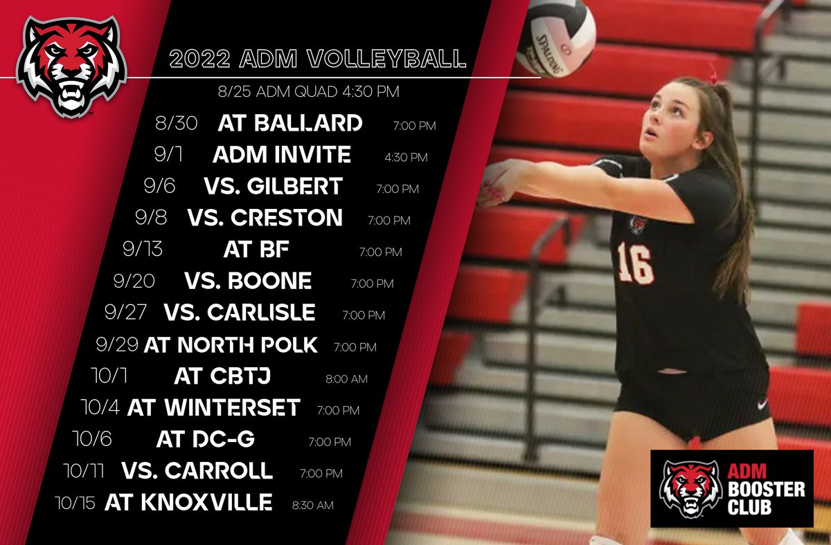 admactivities's tweet photo. Just one week away until the start of the @adm_volleyball games!  Make plans to come out and watch the Tigers! #TigerEdge https://t.co/Srvz4KooNJ