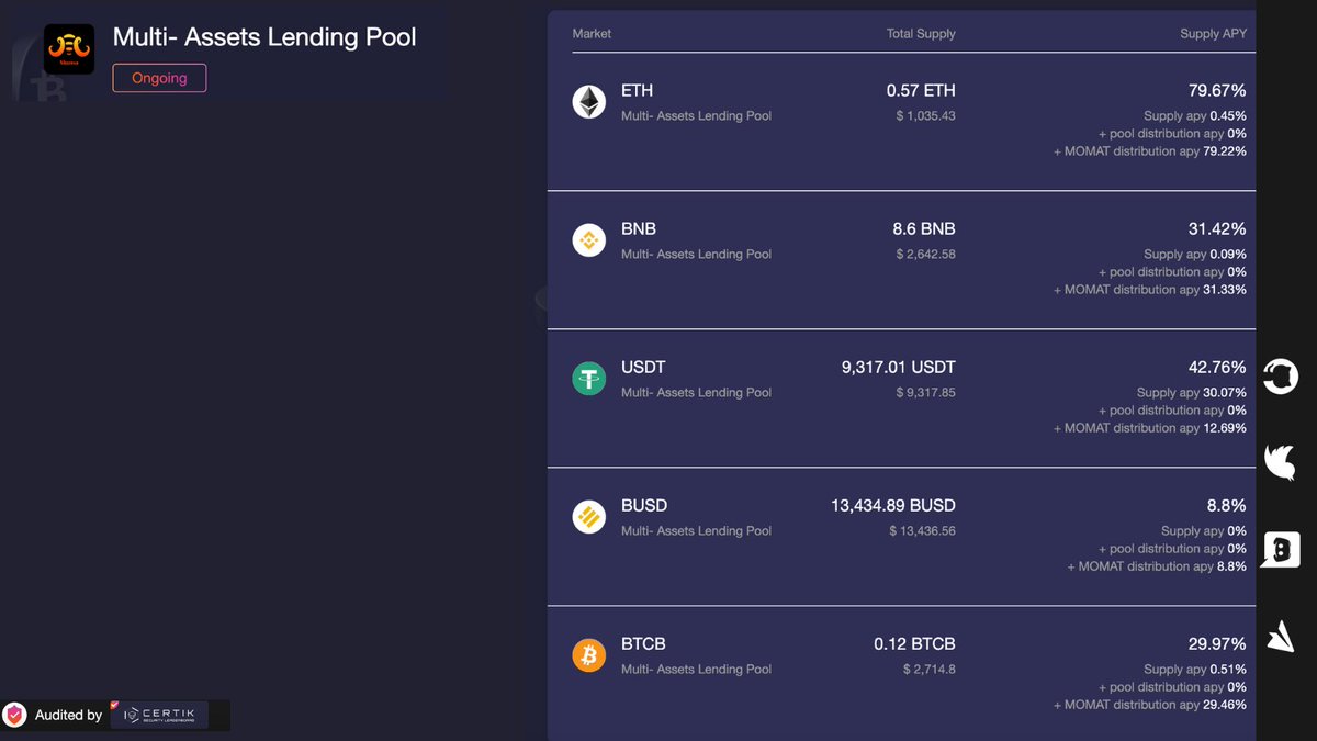 📈Supply to earn and up to 79% APY
➡️Lending Pool: Multi-Assets Lending Pool
➡️Mainnet:<a href="/BNBCHAIN/">BNB Chain</a> 
🖱️app.moma.finance