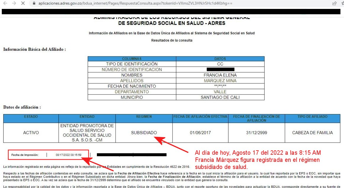 ghitis's tweet photo. Parece que la señora vicepresidente todavía sigue registrada en el régimen subsidiado de salud.
Yo creo que ella no lo necesita. https://t.co/d1vBI4p5TW