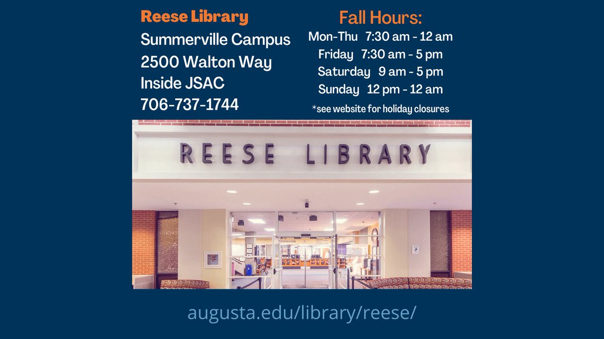AUG_Libraries's tweet photo. Whether you're a new or returning student, visit one of the AU Libraries to see how we can help you this semester! Swipe for our hours and services.  
#AULibraries  #AugustaUniversity #GoJags #JagNation https://t.co/AxS1Sn524i