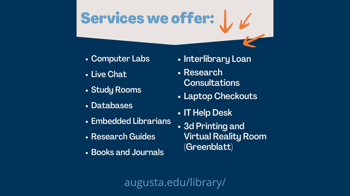 AUG_Libraries's tweet photo. Whether you're a new or returning student, visit one of the AU Libraries to see how we can help you this semester! Swipe for our hours and services.  
#AULibraries  #AugustaUniversity #GoJags #JagNation https://t.co/AxS1Sn524i