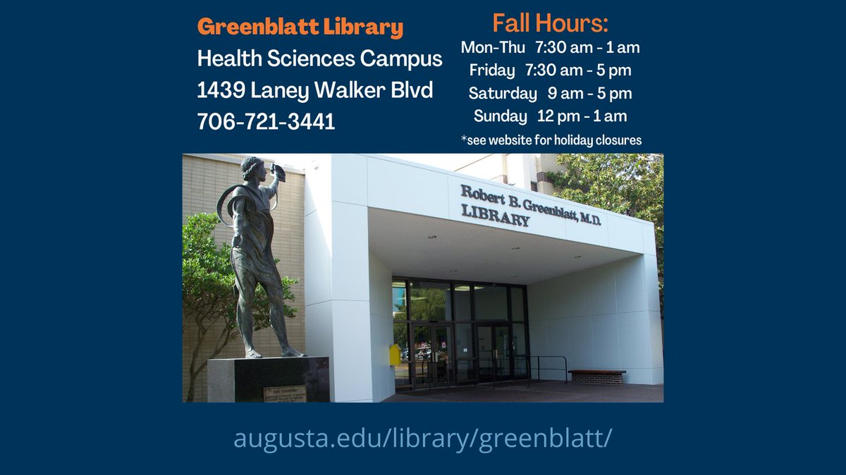 AUG_Libraries's tweet photo. Whether you're a new or returning student, visit one of the AU Libraries to see how we can help you this semester! Swipe for our hours and services.  
#AULibraries  #AugustaUniversity #GoJags #JagNation https://t.co/AxS1Sn524i