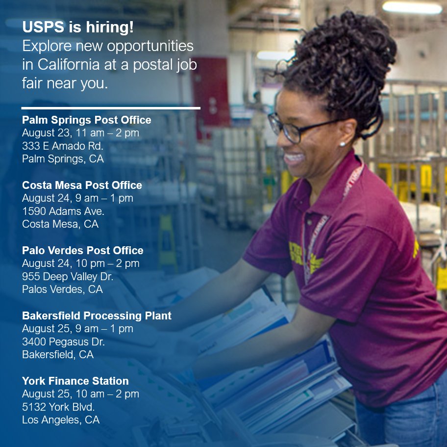 USPS is hiring! Explore new opportunities in California at a postal job fair near you. For tips on where and how to apply: uspsblog.com/applying-for-a… 

#USPSCareers #NowHiring #Jobs #JobSearch #Job #JobHunt #JobOpening #Hiring #Careers #Employment #opentowork #career #work