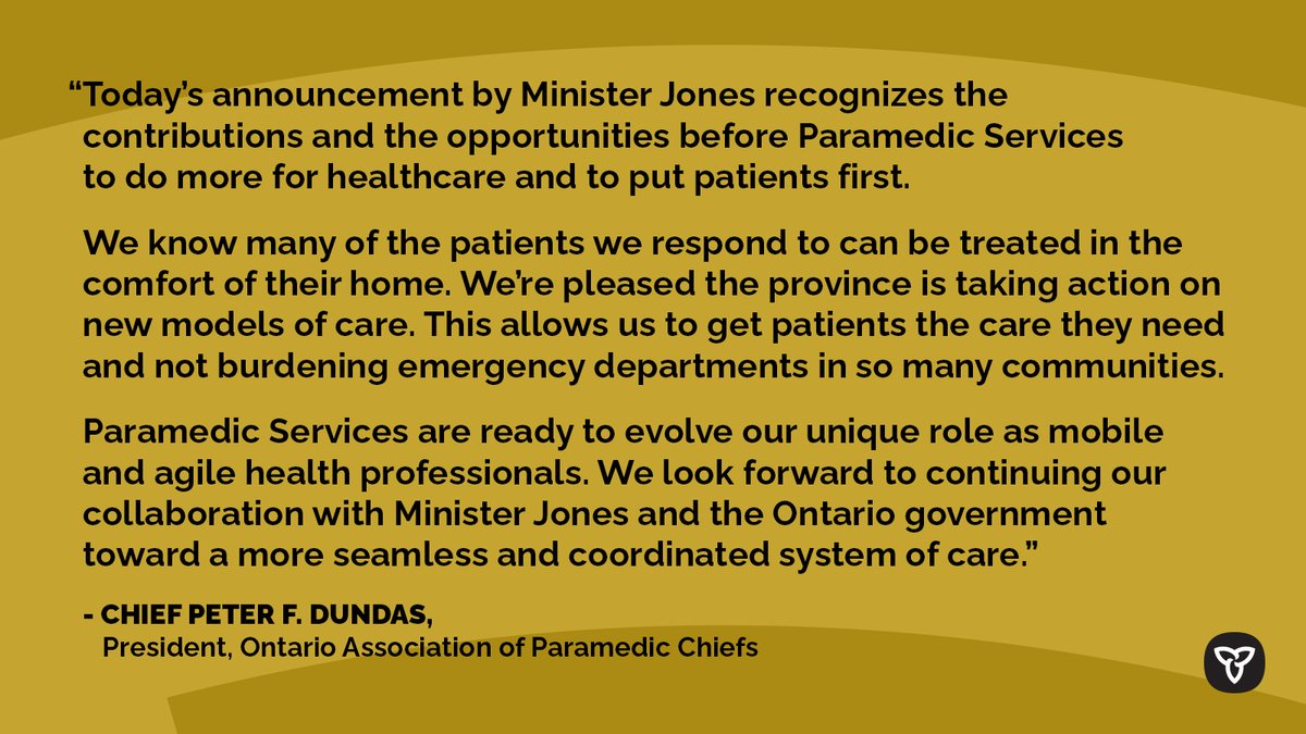 SylviaJonesMPP's tweet image. Today I announced at the @AMOPolicy Conference that Ontario is expanding the already successful patient models of care.

This will reduce unnecessary visits to hospital by enabling paramedics to treat eligible 911 patients at home, or refer them to appropriate community services.