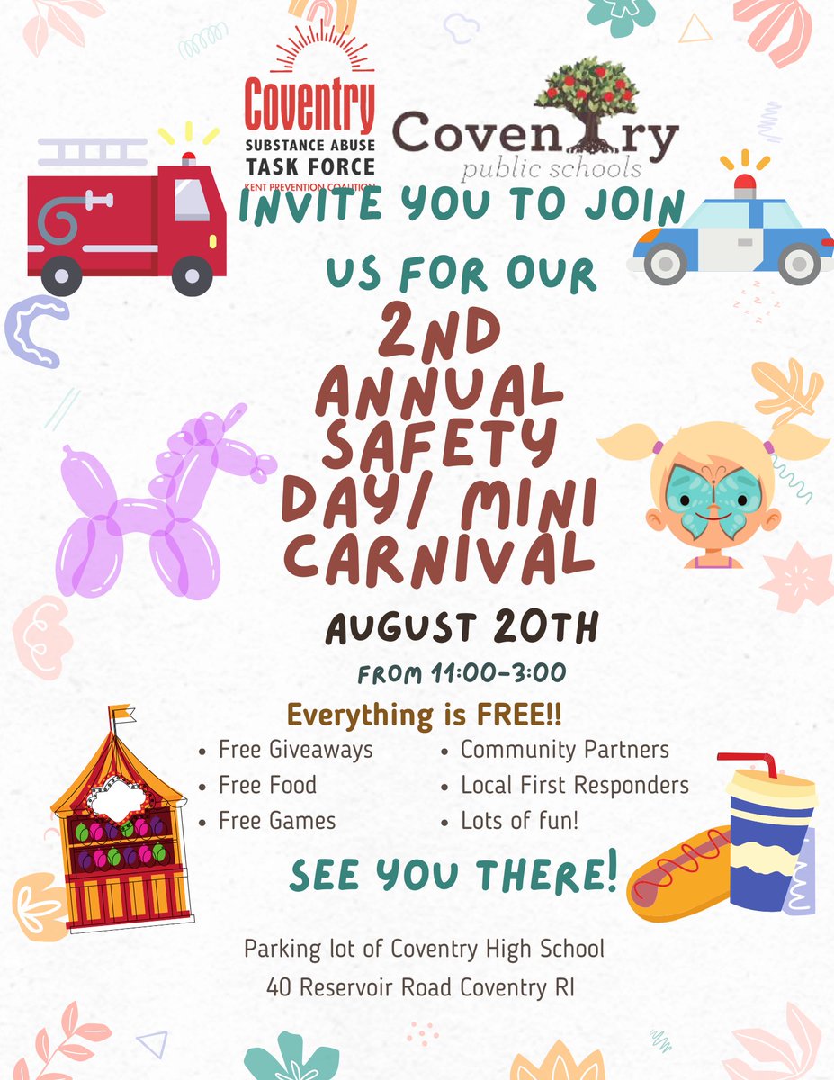 coventryschools's tweet photo. 2nd Annual Free Safety Day and Mini Carnival on 8/20/2022 @ CHS from 11:00-3:00. https://t.co/xbJNqEvJse