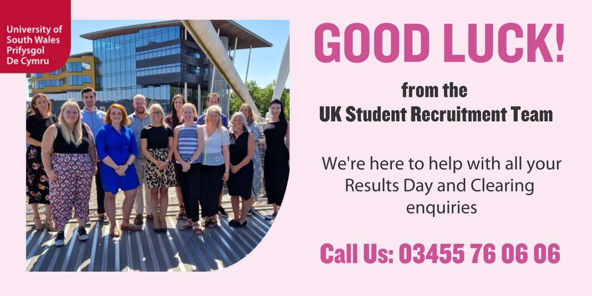 ✨Wishing you all the very best of luck on #ResultsDay!

Whatever the result, we are here to help!

To discuss your university application or what courses are available through #Clearing at <a href="/UniSouthWales/">University of South Wales</a>, get in touch!

📞Call us: 03455 76 06 06