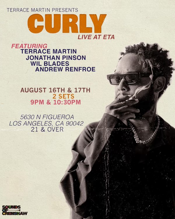terracemartin's tweet photo. Thank you to all of the amazing people that came out to ETA last night ! It was a stone cold groove ! 

My Band “Curly” will be back for our last shows tonight . Pull up and get a glass of soul ♥️ #CurlyMartin https://t.co/26WqVZ2TlN