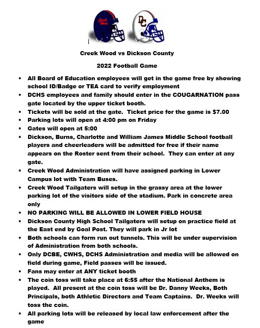 Creek Wood vs Dickson County Football Game Info.  Looking forward to another awesome Friday Night!  We hope to see you join us on The Hill!
#BeTheWildCard
<a href="/DLWeeks83/">Danny L. Weeks, Ed.D.</a> <a href="/rfaulkner9/">Robbie Faulkner</a> <a href="/creekwoodhs/">Creek Wood HS</a>