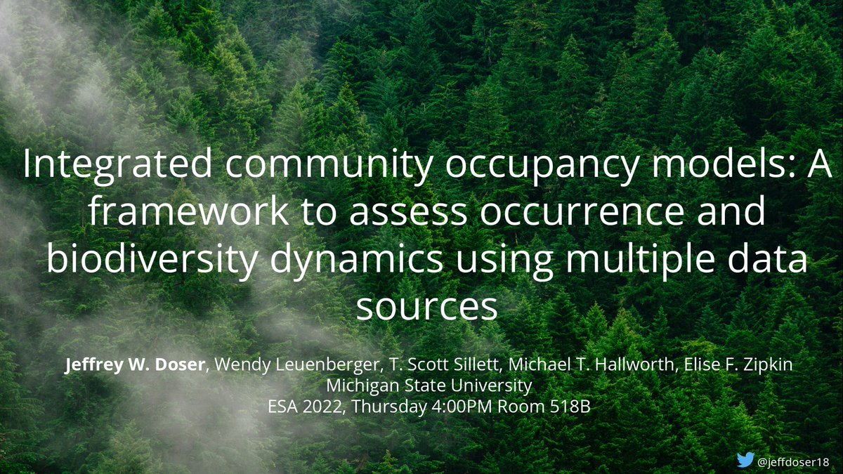 Jeff Doser (@jeffdoser18) on Twitter photo Interested in data integration and community modeling? Come check out my #ESA2022 talk tomorrow on integrated community models and their use for biodiversity conservation. Link to paper in <a href="/MethodsEcolEvol/">Methods in Ecology and Evolution</a> below!
besjournals.onlinelibrary.wiley.com/doi/abs/10.111… Interested in data integration and community modeling? Come check out my #ESA2022 talk tomorrow on integrated community models and their use for biodiversity conservation. Link to paper in <a href="/MethodsEcolEvol/">Methods in Ecology and Evolution</a> below!
besjournals.onlinelibrary.wiley.com/doi/abs/10.111…