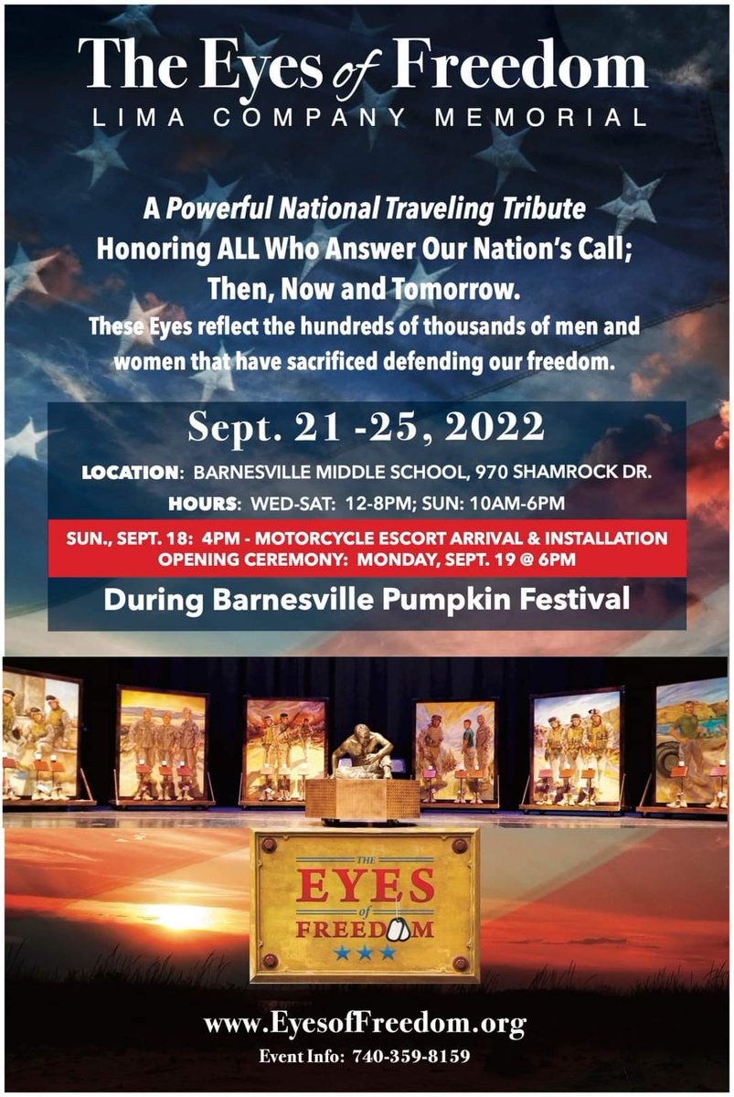 The Eyes of Freedom returns to the Barnesville Pumpkin Festival Sept. 21-25, 2022. For more info about the memorial visit: limacompanymemorial.org