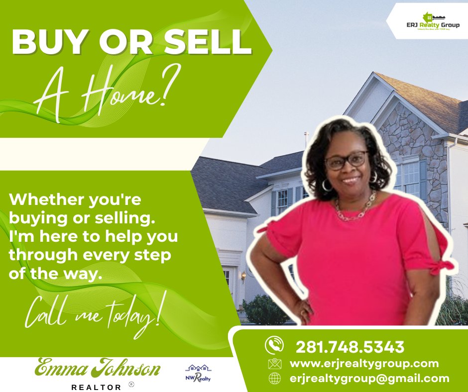 EmmaJohnson16's tweet photo. Are you trying to find a real estate agent you can trust?
Let me help you locate your ideal house and sell your property, or let me provide you with the most recent information on all aspects of purchasing or selling!
EMMA JOHNSON
REALTOR®
📞| 281.748.5343
#yourealtor #BuyOrSell https://t.co/gwq9WmgGJw