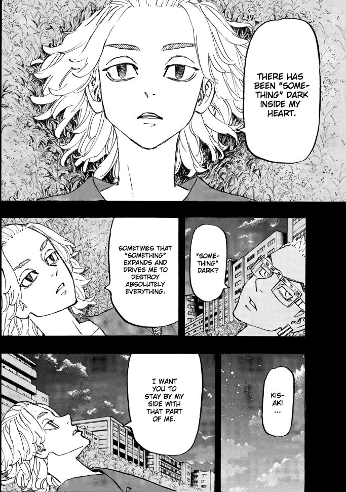shanamanjiro's tweet photo. #TokyoRevengers265 #tr265 #tokyorevengers265spoilers 

This is just my another theory:

Mikey was really confined in huge darkness when Kazutora killed Shin. He admitted he couldn't control that darkness so he asked for Kisaki's "help" to drive it for him. https://t.co/fJUJp8uhKa