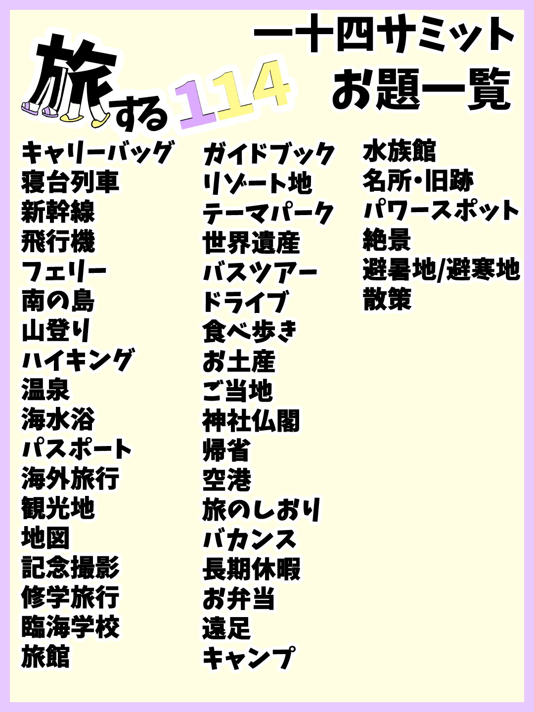 تويتر 114summit 7回目閉会 على تويتر 文字書き一十四サミット 一十四サミットイラスト部門お題一覧 主催が準備しました旅にまつわるお題は画像の通りです テーマは 旅する114 どんな作品が出来るか楽しみですね T Co تويتر 114summit 7回目閉会 على تويتر 文字書き一十四サミット 一十四サミットイラスト部門お題一覧 主催が準備しました旅にまつわるお題は画像の通りです テーマは 旅する114 どんな作品が出来るか楽しみですね T Co