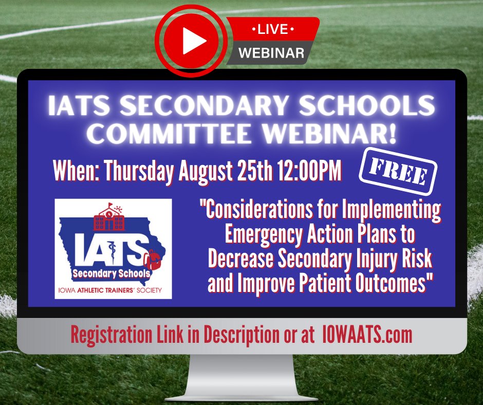 IowaATSociety's tweet image. Secondary Schools FREE Webinar Alert!!
Matt Doyle from UI Sports Medicine will present: &quot;Considerations for Implementing Emergency Action Plans to Decrease Secondary Injury Risk and Improve Patient Outcomes&quot;
Registration link: forms.gle/Ly4XpMeai1KRcU…