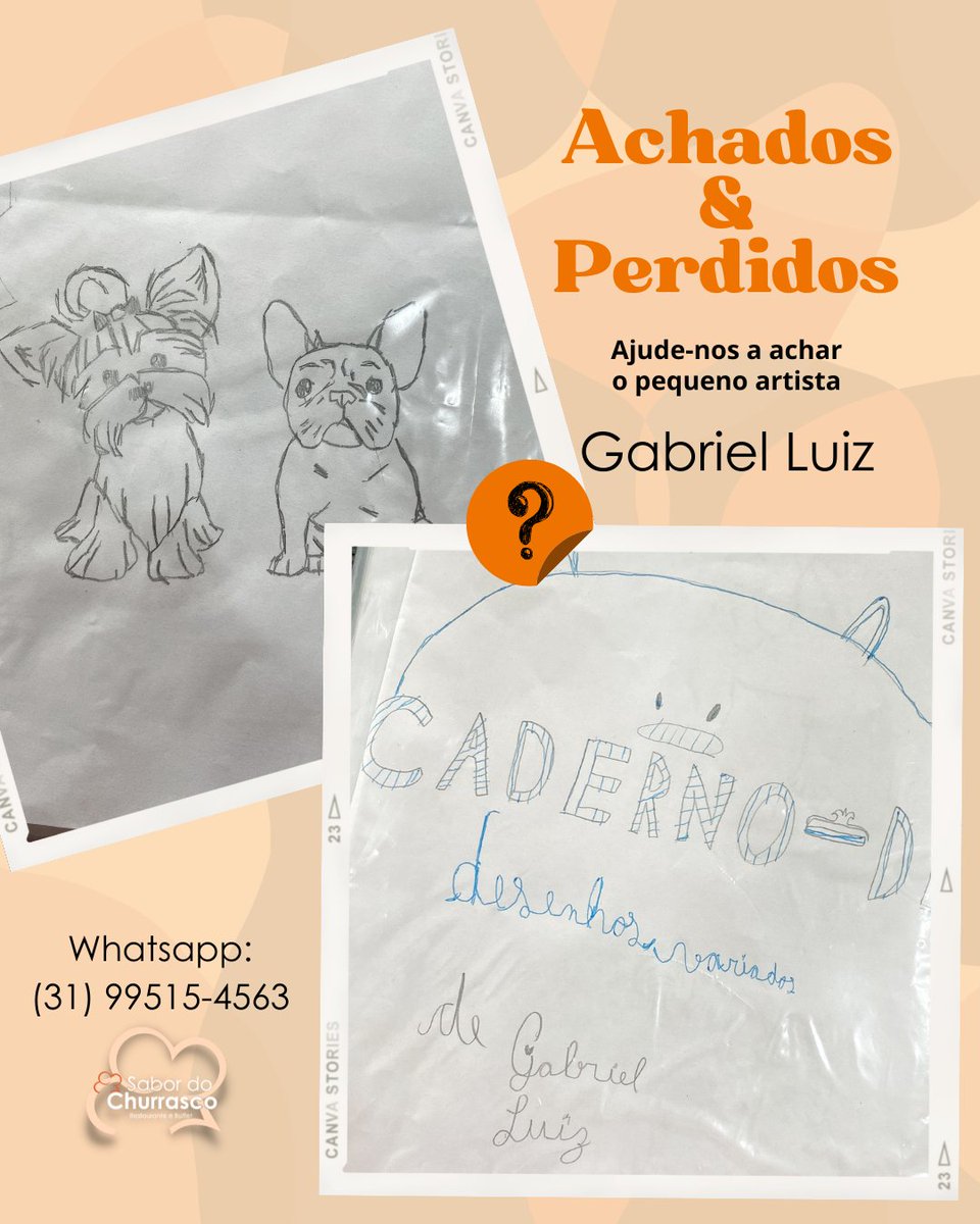 famag's tweet photo. O talentoso Gabriel Luiz almoçou no restaurante de um amigo sábado dia 13 de agosto, e esqueceu sua pasta de desenhos.(Bairro Prado - BH)
Caso alguém conheça ou reconheça os desenhos,faça chegar até o mesmo ou seu responsável. Estamos guardando com carinho. Zap: (31) 99515-4563 https://t.co/VMT6SnHeVU