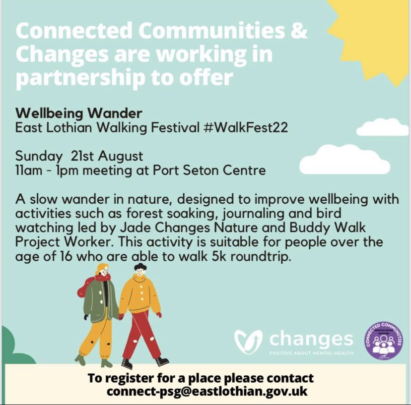 Changes East Lothian (@changes_chp) on Twitter photo Don't miss the East Lothian Walking Festival's special event, Wellbeing Wander, led by Changes Nature Project worker Jade 🍃
🗓️ This Sunday! August 21
⏰ 11am
📍 Port Seton Centre
To book your place: connect-psg@eastlothian.gov.uk or call 01875 818181
#WalkFest22 #PortSeton Don't miss the East Lothian Walking Festival's special event, Wellbeing Wander, led by Changes Nature Project worker Jade 🍃
🗓️ This Sunday! August 21
⏰ 11am
📍 Port Seton Centre
To book your place: connect-psg@eastlothian.gov.uk or call 01875 818181
#WalkFest22 #PortSeton