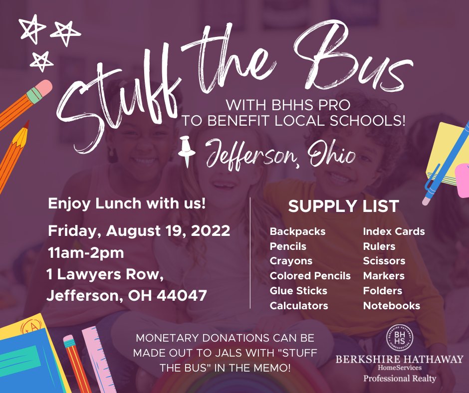 BHHS_Pro's tweet photo. Stuff the Bus with BHHS Pro to benefit local Jefferson schools! Friday, August 19: 11am - 2pm 📚✂📝 https://t.co/Yko2vOrJPq