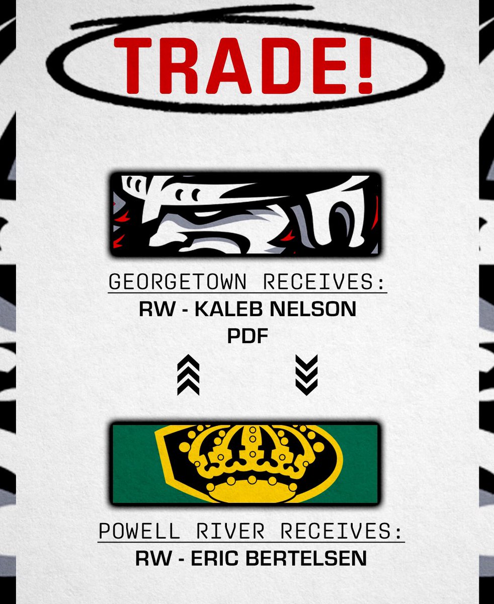 🚨TRADE ALERT 🚨 

We have acquired ‘03 Forward Kaleb Nelson from the Powell River Kings of the BCHL and a PDF in exchange for Eric Bertelsen

The Raiders would to welcome Kaleb and his family to Georgetown!

#ThisIsOurTown