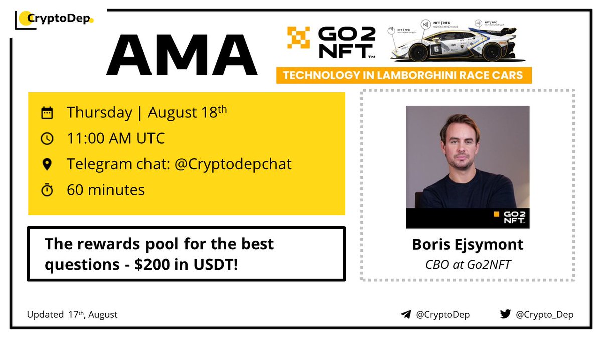 Crypto_Dep's tweet photo. 👑 Dear community, @Crypto_Dep will host an #AMA with the @Go2NFT_official #G2N on Thursday, 18th of August, at 11:00 AM UTC in the #CryptoDep Chat 

💰 The reward pool for the best questions - $200 in $USDT

📍 Follow our chat &amp; prepare your questions!
🗣 https://t.co/CKK72pvCKC https://t.co/ZOcyPci8BN