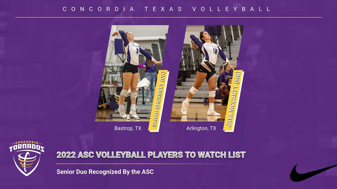 CTXAthletics's tweet photo. Sarah Ghormley &amp; Jaya McCarty have been named to the 2022 ASC Volleyball Players To Watch List!

The senior duo looks to help lead the Tornados into the 2022 campaign starting on Sept. 1! #TornadoNation 

🔗: https://t.co/f1EaWV9RB3 https://t.co/iJhjNZF8Mk