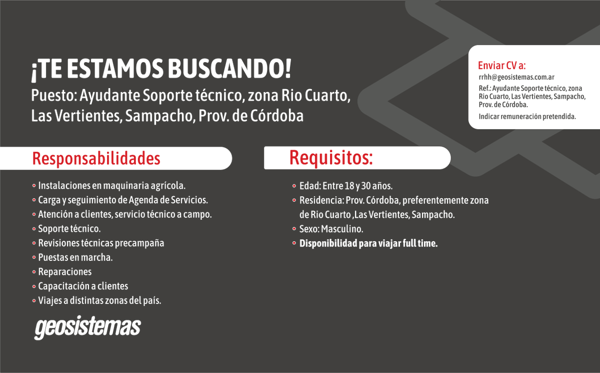 🔍 ¡Seguimos creciendo! Buscamos a un ayudante en Soporte técnico para Córdoba (zona Rio Cuarto, Las Vertientes, Sampacho)🔎