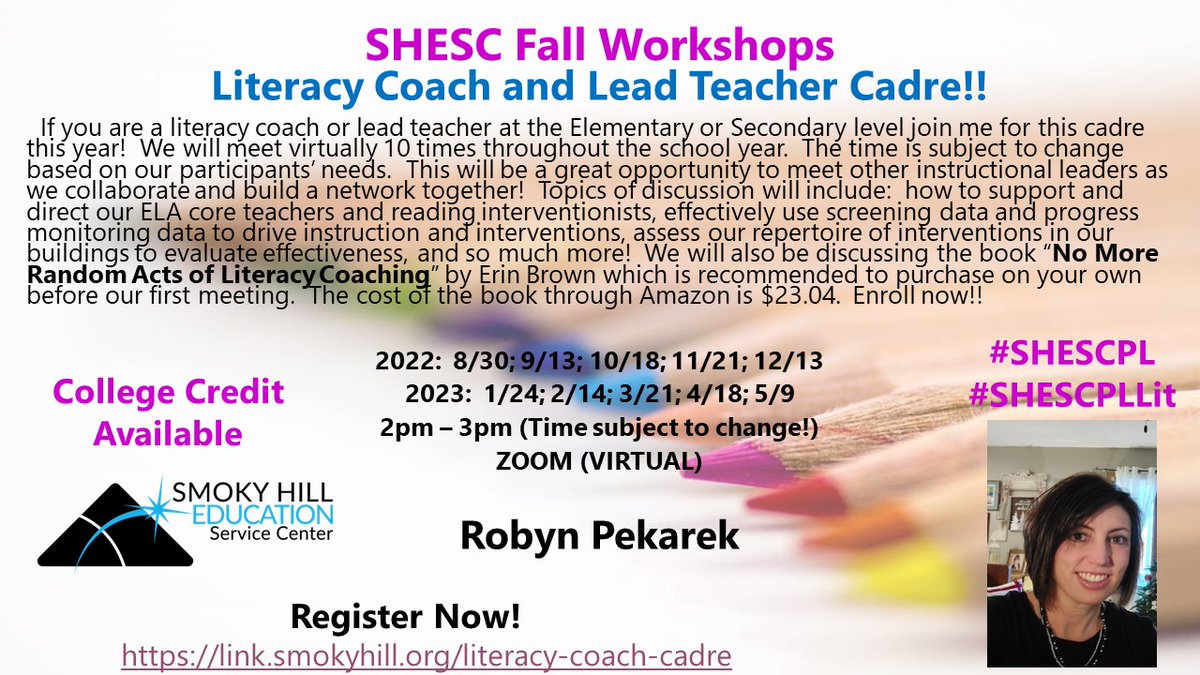 RobynPekarek's tweet photo. Literacy Coach and Lead Teacher Cadre starting AUG. 30th!!  Sign up today to collaborate and network with other coaches and instructional leaders!!  
https://t.co/cMpfDtzc3m
@SmokyHillEd #SHESC  #SHESCPLlit https://t.co/oPsSzvLp2s