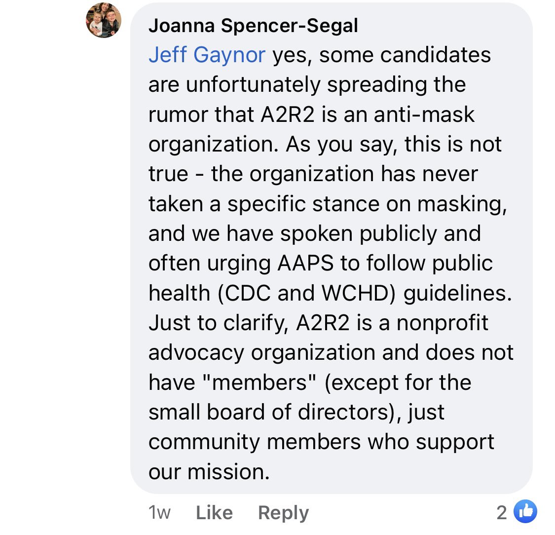 EyesOnA2r2's tweet photo. In discussions about school board candidates, A2R2 board members get very defensive and claim that they have never been anti-mask.
Let’s review a little.
Here they are claiming to have never been such a thing.
All three of these people are A2R2 board members. https://t.co/AgkVHS7t3g