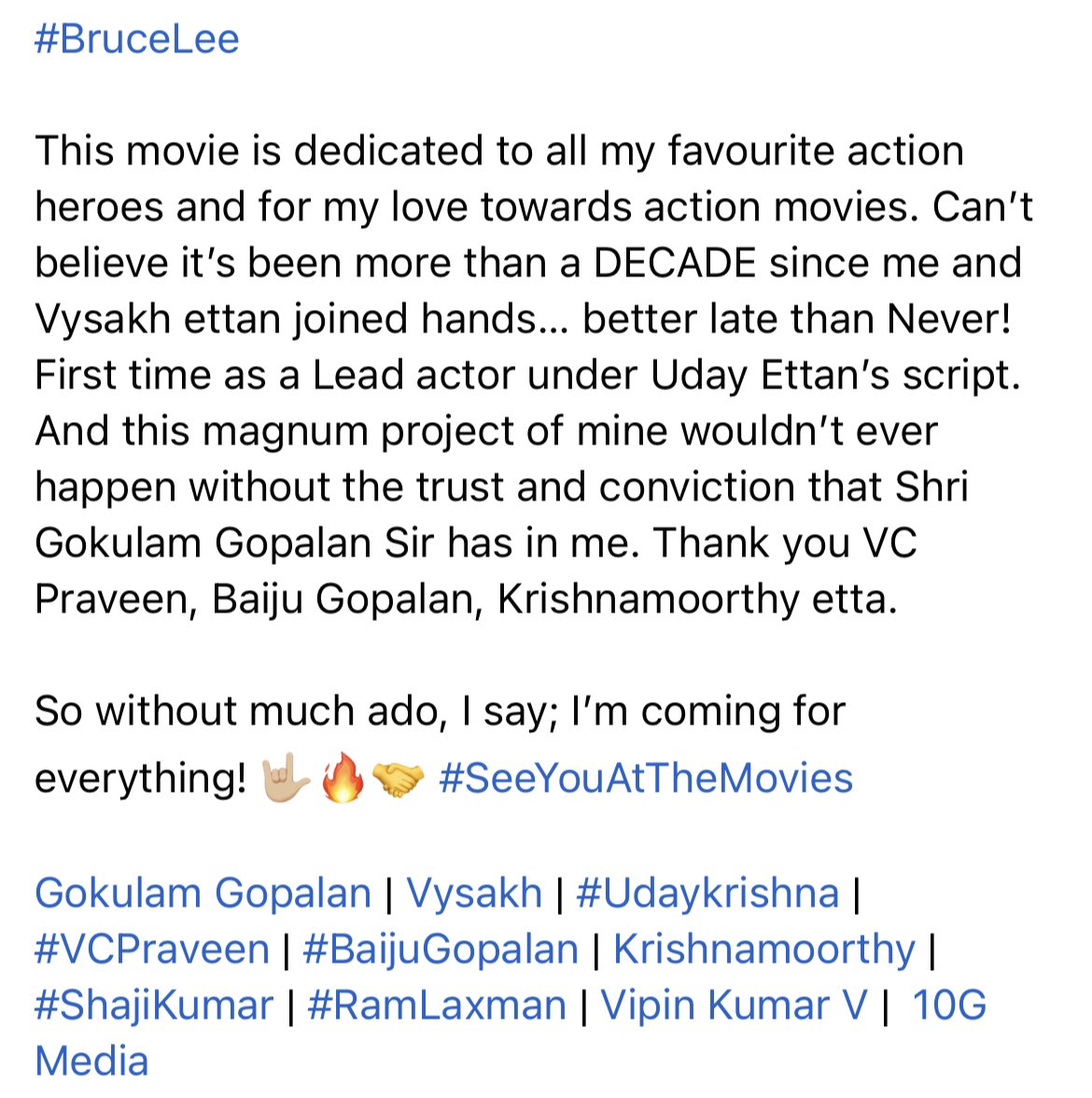 Iamunnimukundan's tweet photo. #BruceLee

Directed by #Vysakh
Produced by #GokulamGopalan Sir, #SreeGokulamMovies 
Written by #Udaykrishna
Co Produced by #VCPraveen,  #BaijuGopalan
Exe Prod: #Krishnamoorthy
Stunts: #RamLaxman
Editor: #ShameerMuhammed
Prod Cont: #SidhuPanakkal
Promotions: #VipinKumar #10GMedia https://t.co/ZDm2jpPS6B