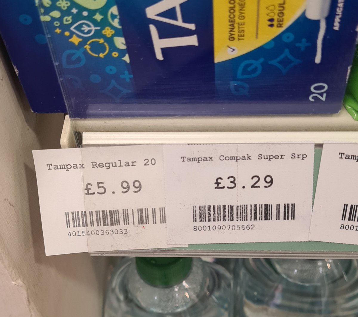 Wommando's tweet photo. No 'period dignity officers' in this @NHS hospital. No tampon/pad machines in the toilets. The only options in the hospital shop. These 5.99 @Tampax tampons sell at £2. 3.29 was lowest price of any of the items there. @SteveBarclay @Baroness_Nichol #extortionate https://t.co/azx6KedHUf
