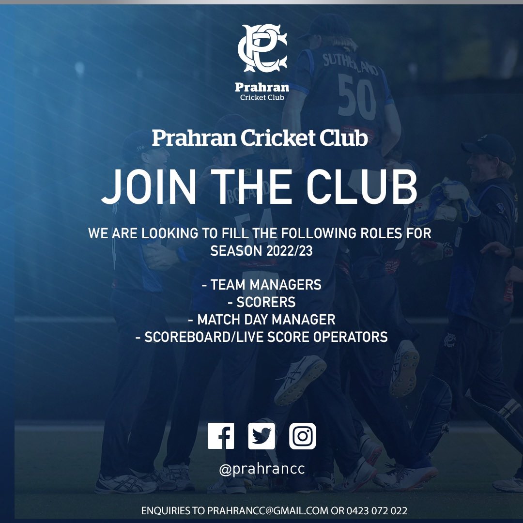 We are looking for enthusiastic individuals to fill a number of roles across our men’s and women’s programs for season 2022/23.

For more information contact our Club Manager on 0432072022 or at prahrancc@gmail.com