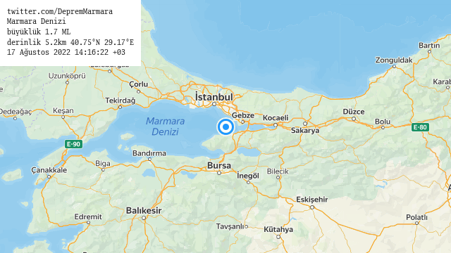 #MarmaraDenizi
büyüklük 1.7 ML (10 dk önce)
derinlik 5.2km 40.75°N 29.17°E
17 Ağustos 2022 14:16:22 +03
#deprem
