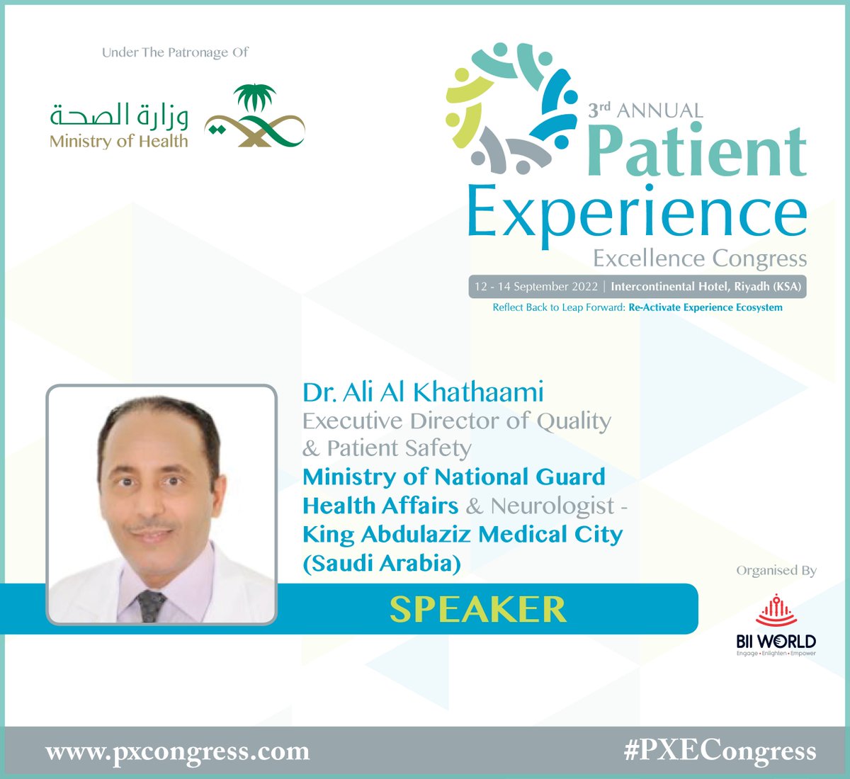 Dr. Ali M. Al Khathaami, will be sharing his insights on 'Enhancing the #patientexperience Ownership among #frontlinestaff: The Do’s & Don’ts' during his exclusive presentation at the 3rd Annual #PXECongress.
Register: pxcongress.com/register/ #patientcare #PatientSafety