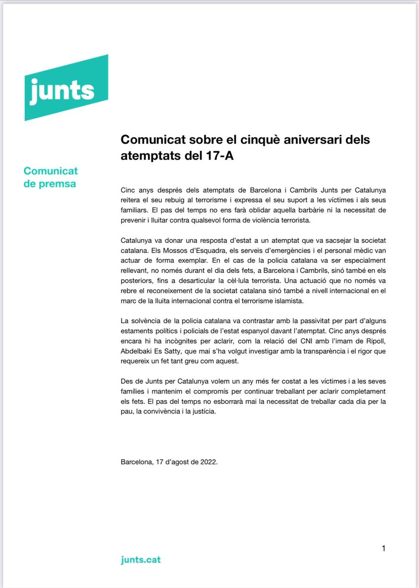 JuntsBages's tweet photo. 📣Comunicat de @JuntsXCat sobre el 5è Aniversari dels atemptats de Barcelona i Cambrils. https://t.co/O7YBEnEFMW