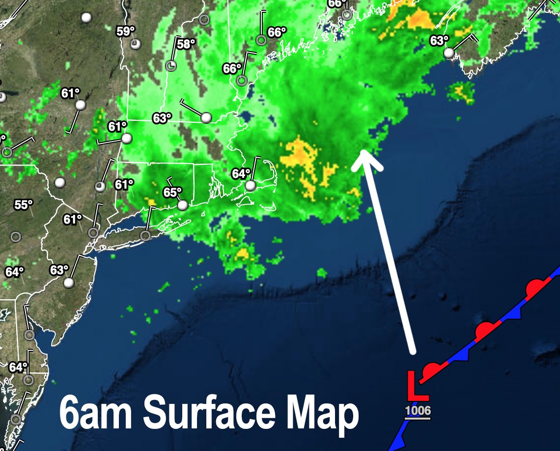 DHTheWeatherNut's tweet photo. Good morning, our storm will bob north today into the Gulf of Maine, staying well east of southern New England, but still attempt to hurt a westward-tracking rain shield into parts of our region. Some dry air at differing levels keeps the scattered showers relatively light https://t.co/HHkTk6BAkY